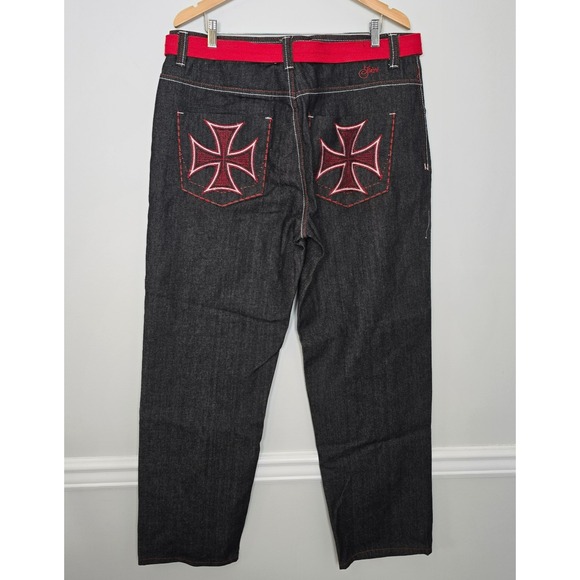 Jinzu Other - Vintage Y2K Jinzu Mens Baggy Hip Hop Punk Jeans Size 38x32 Black Rigid Red Cross